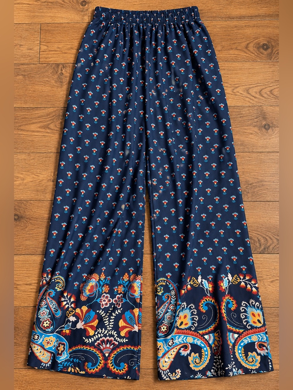 Navy Floral Wide Leg Pants M Elastic Waist Pull On Comfort Loungewear Boho